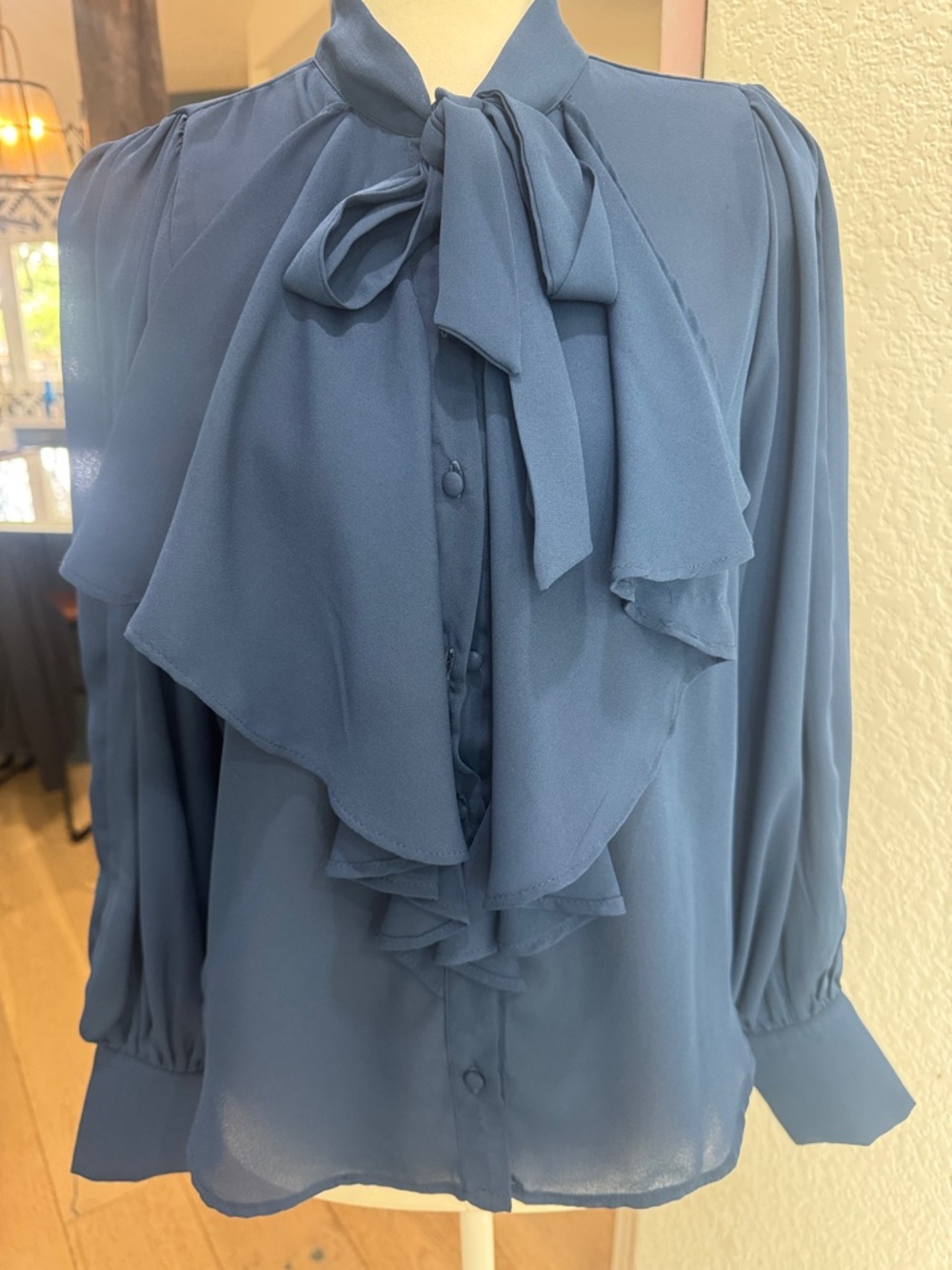 Women’s Slate Blue Ruffle Tie-Neck Blouse Chiffon Classy Top Size SM